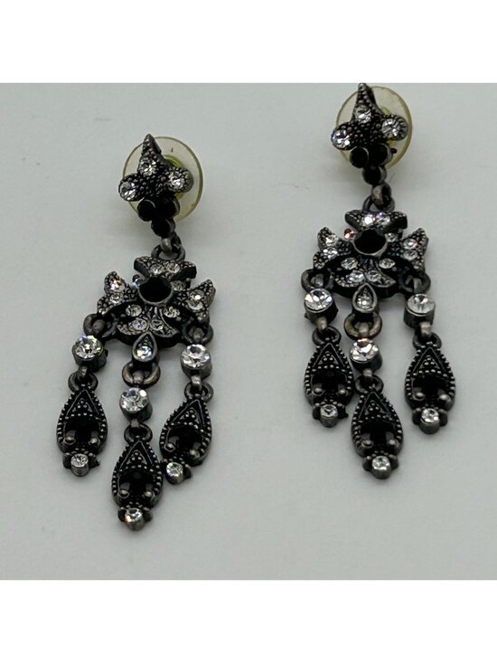 Estate Jewelry - Gothic Chandelier Earrings Gunmetal Victorian Revival Black Rhinestone Statement